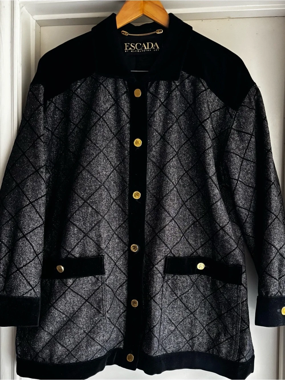 Escada Sparkly Silver Jacket with Black Velvet Trim and Signature Gold Buttons